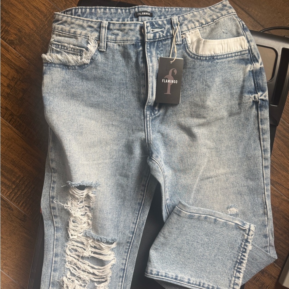 Blue Boyfriend Jeans with Distressed Details